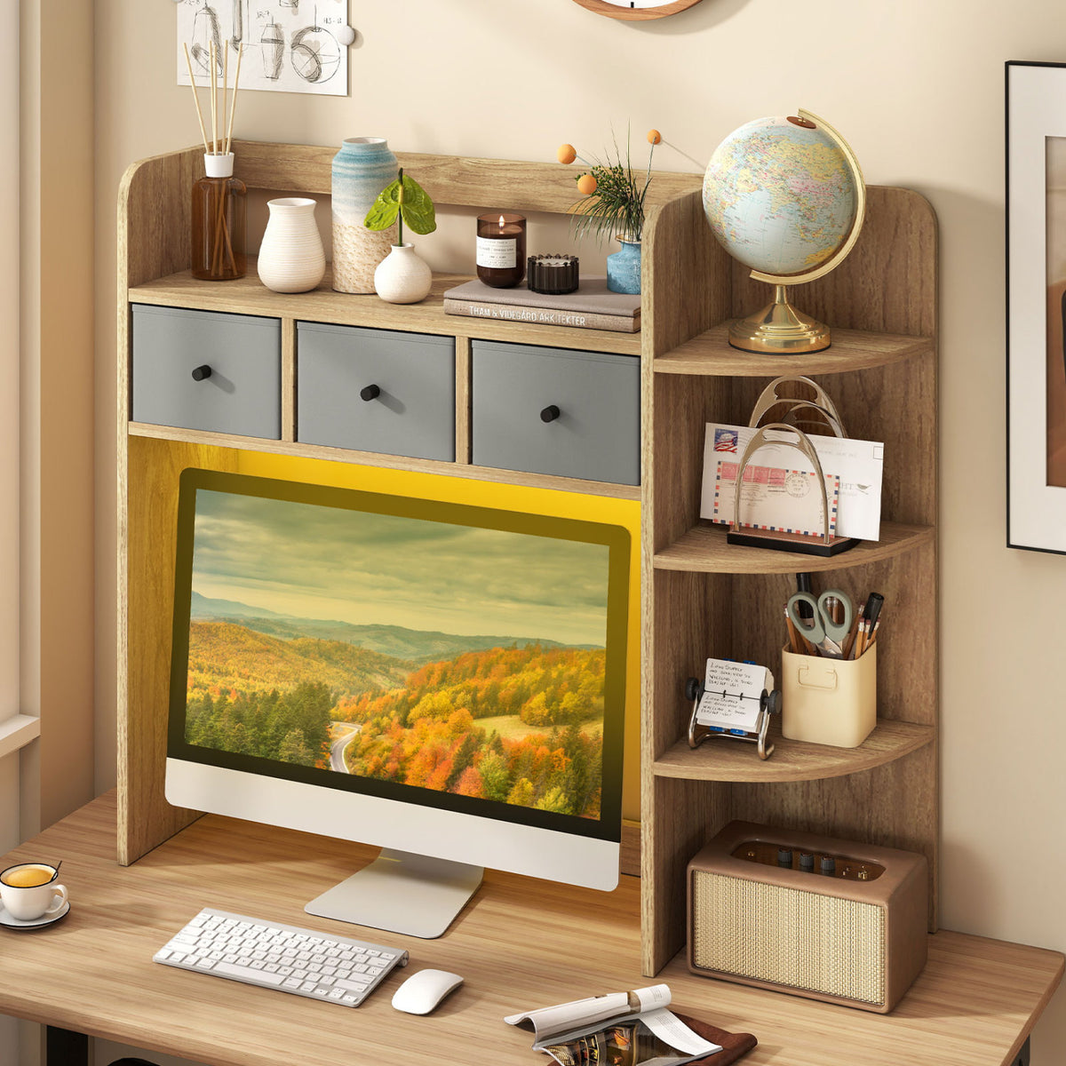 Desktop Bookshelf with LED Lights 5-Tier Shelves and 3 Drawers for Home Officce