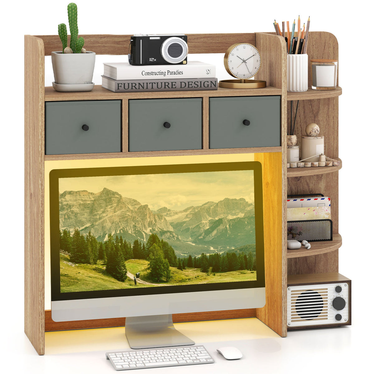 Desktop Bookshelf with LED Lights 5-Tier Shelves and 3 Drawers for Home Officce