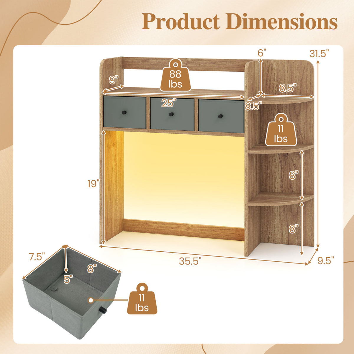 Desktop Bookshelf with LED Lights 5-Tier Shelves and 3 Drawers for Home Officce
