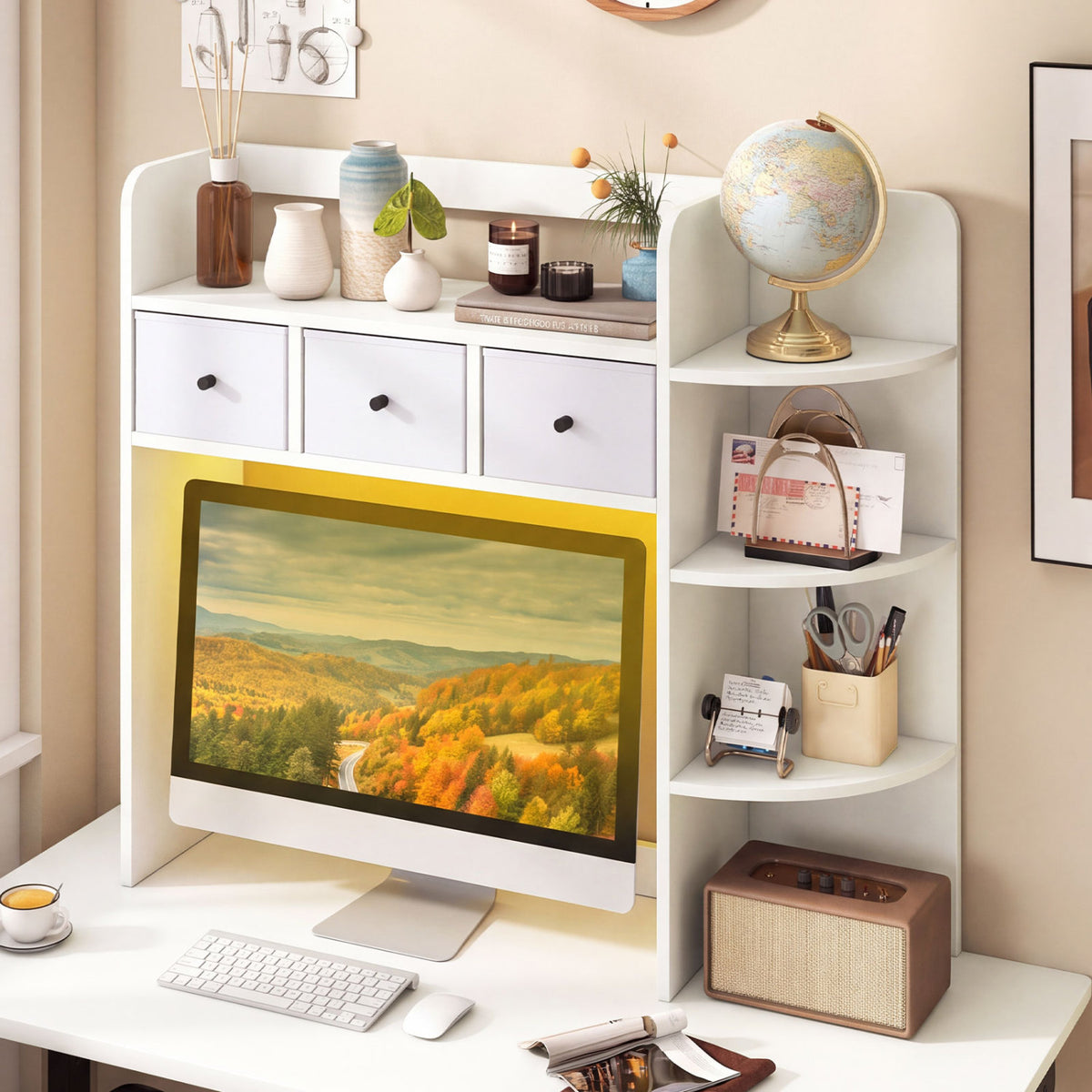 Desktop Bookshelf with LED Lights 5-Tier Shelves and 3 Drawers for Home Officce