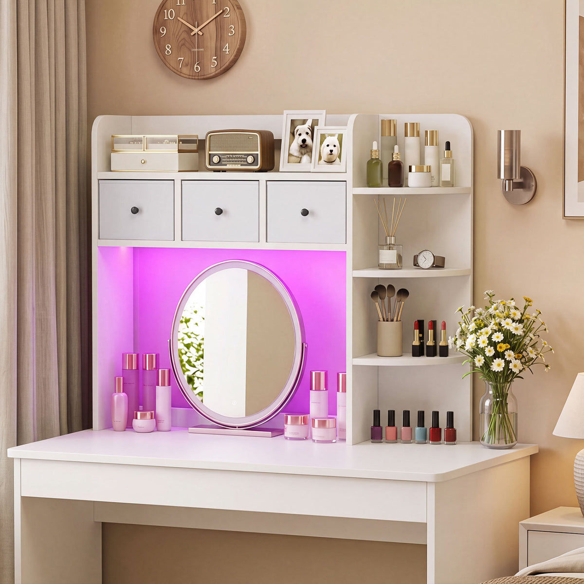 Desktop Bookshelf with LED Lights 5-Tier Shelves and 3 Drawers for Home Officce