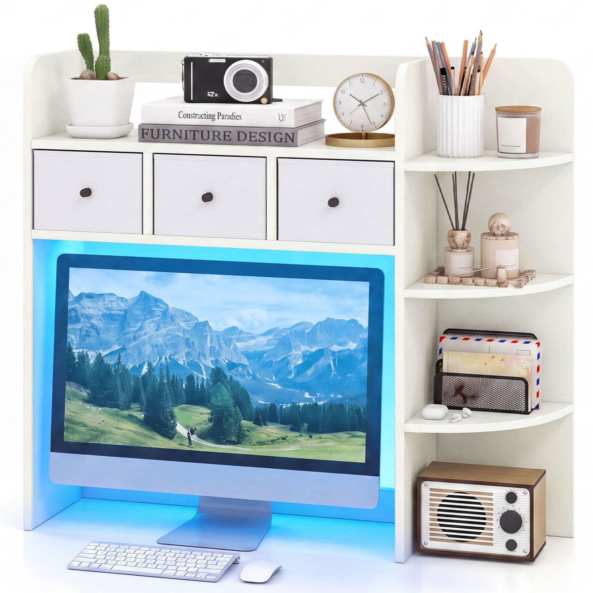 Desktop Bookshelf with LED Lights 5-Tier Shelves and 3 Drawers for Home Officce