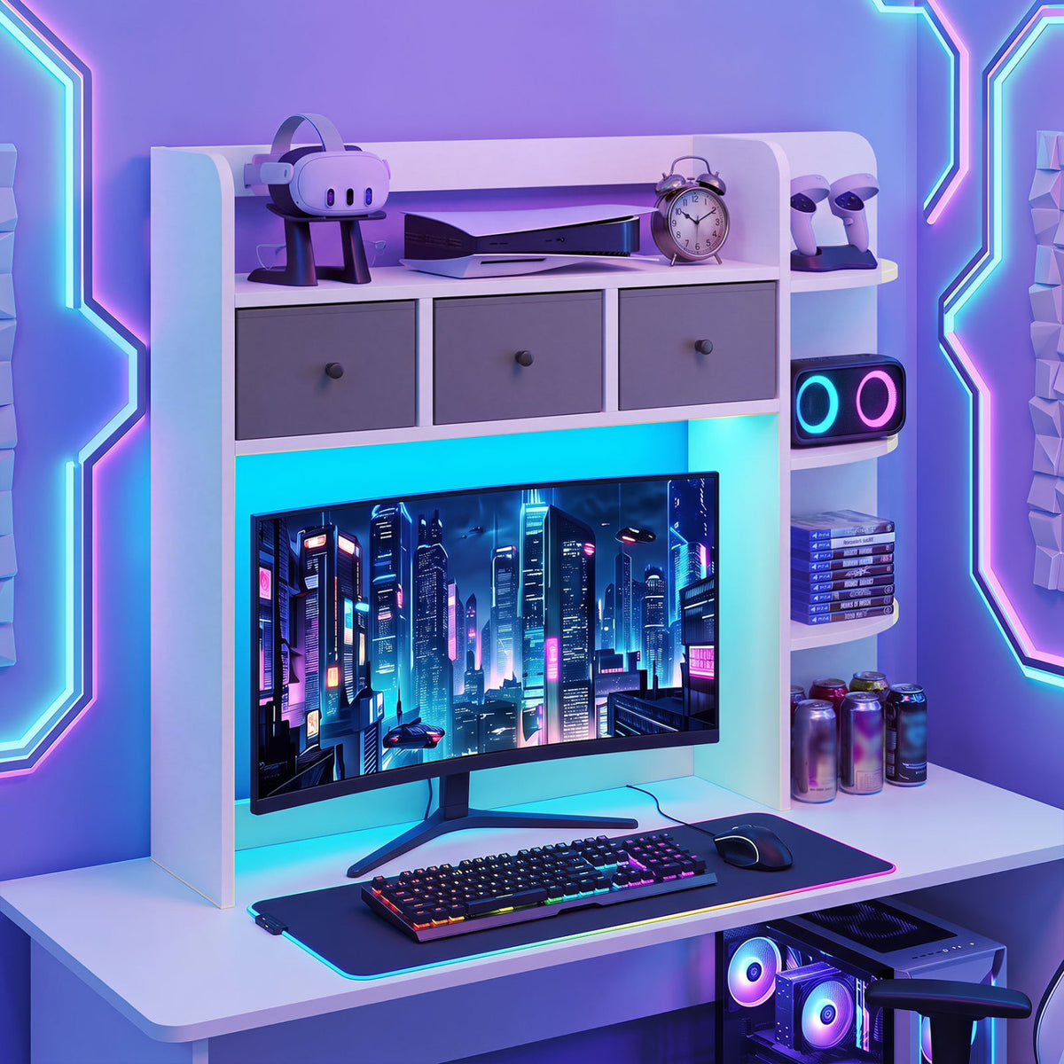 Desktop Bookshelf with LED Lights 5-Tier Shelves and 3 Drawers for Home Officce