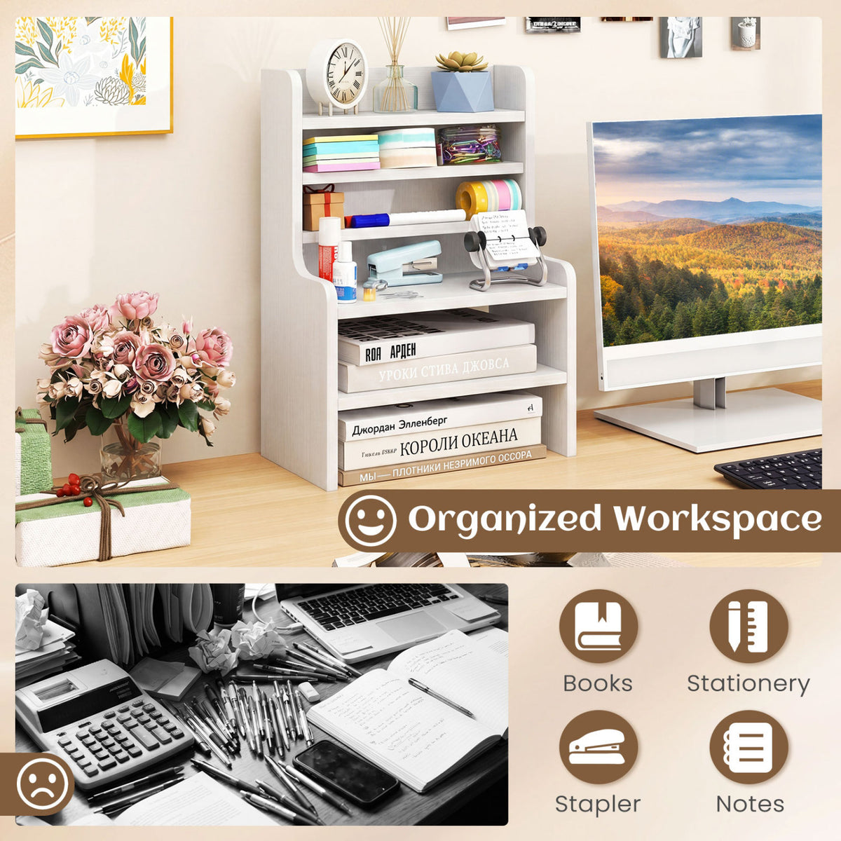Desktop Organizer 6-Tier Mini Storage Rack with 2 Removable Shelves