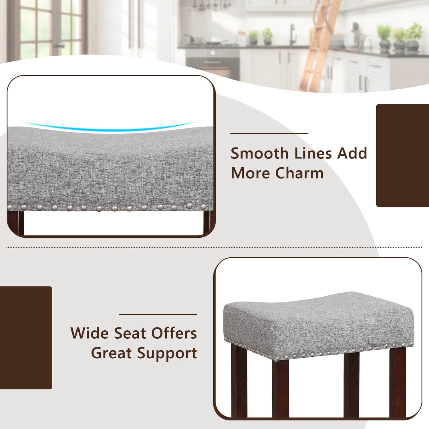 29 Inch Set of 2 Height Upholstered Bar Stool with Solid Rubber Wood Legs and Footrest