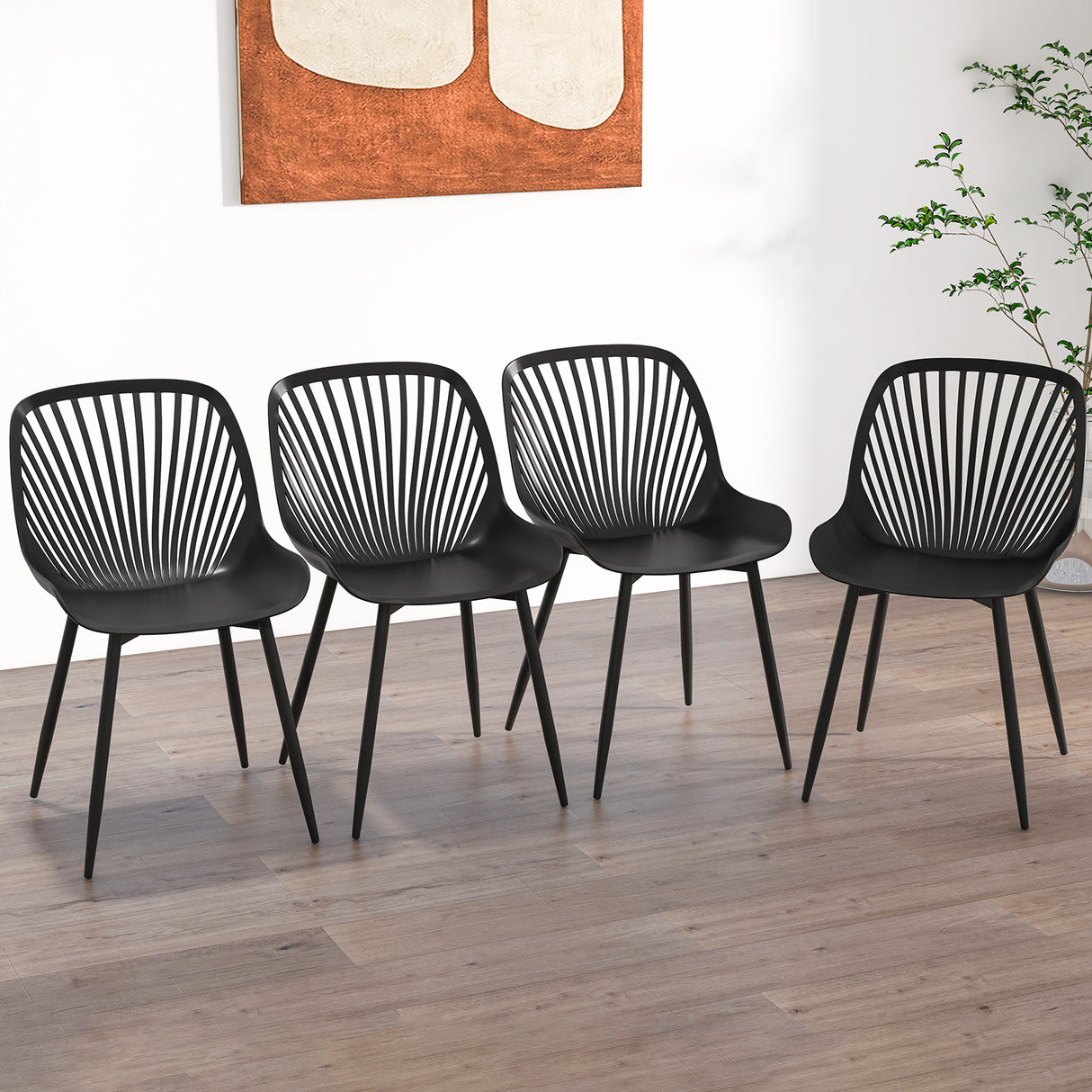 Modern Kitchen Chairs with Metal Legs Cutout Backrest Curved Seat for Dining Room Home Office-Black