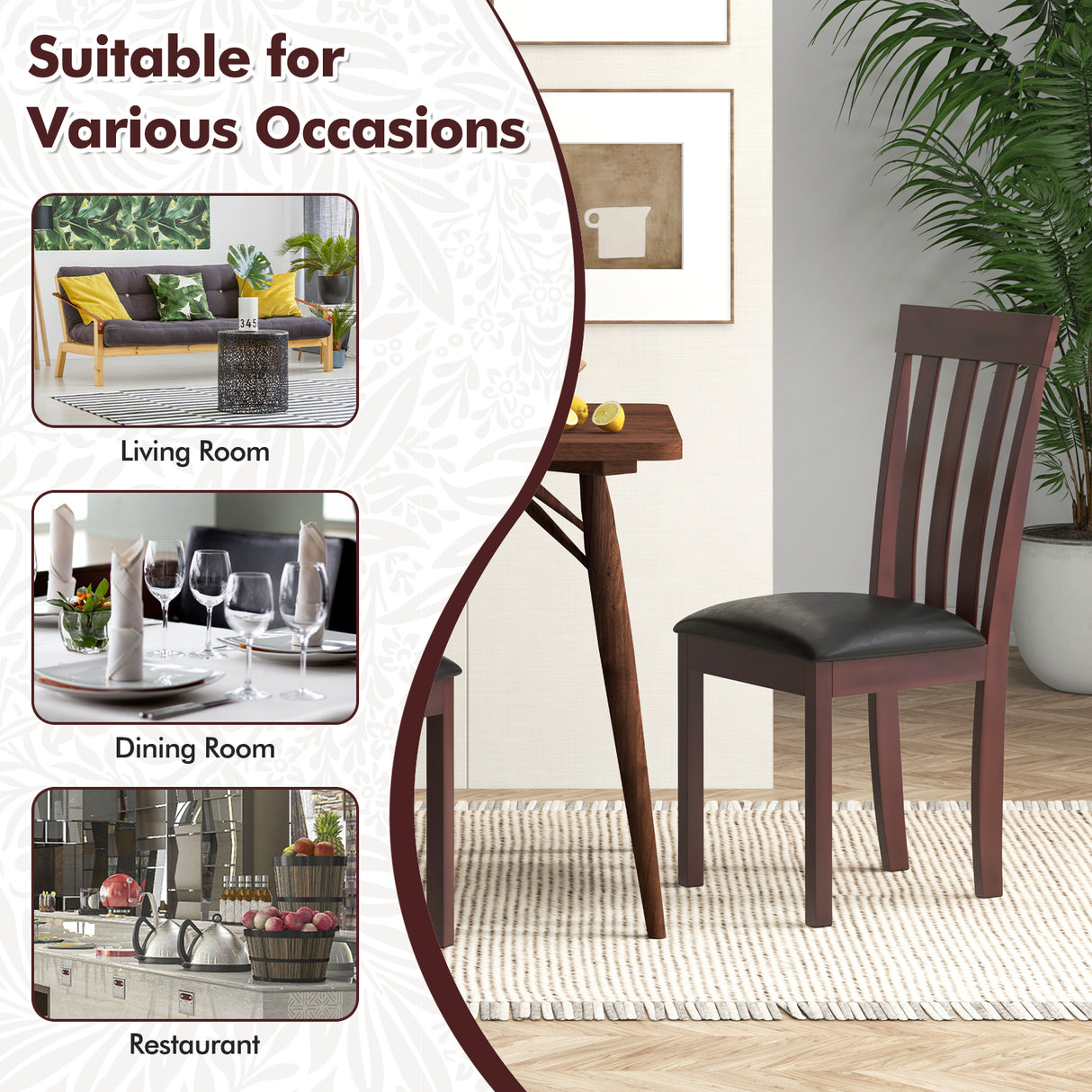 Dining Chair Set of 2 Upholstered Wooden Kitchen Chairs with Padded Seat and Rubber Wood Frame