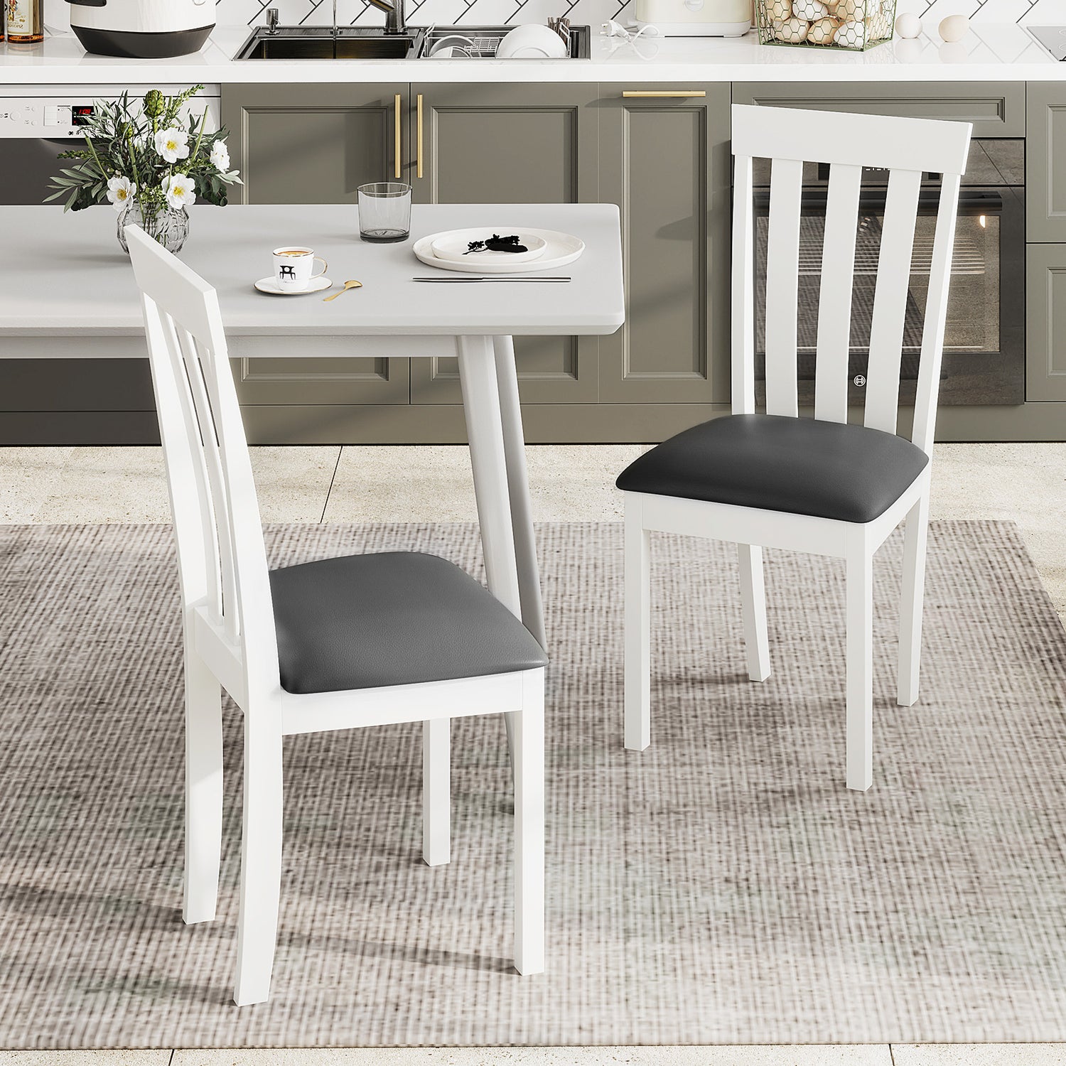 Dining Chair Set of 2 Upholstered Wooden Kitchen Chairs with Padded Seat and Rubber Wood Frame