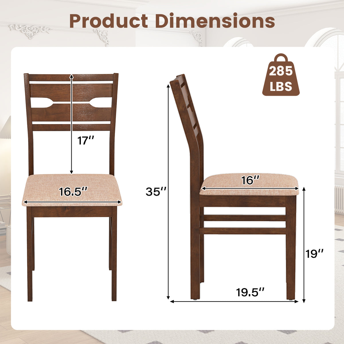 Dining Chair Set of 2/4 with Rubber Wood Frame and Padded Seat-2/Seat-4