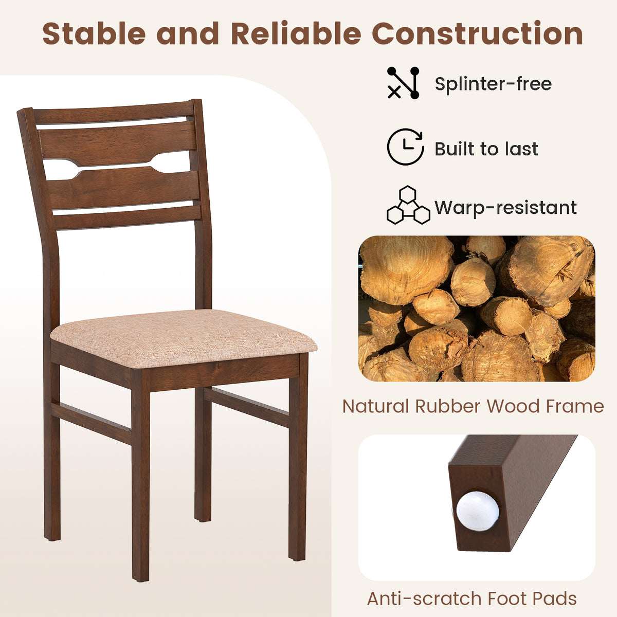 Dining Chair Set of 2/4 with Rubber Wood Frame and Padded Seat-2/Seat-4
