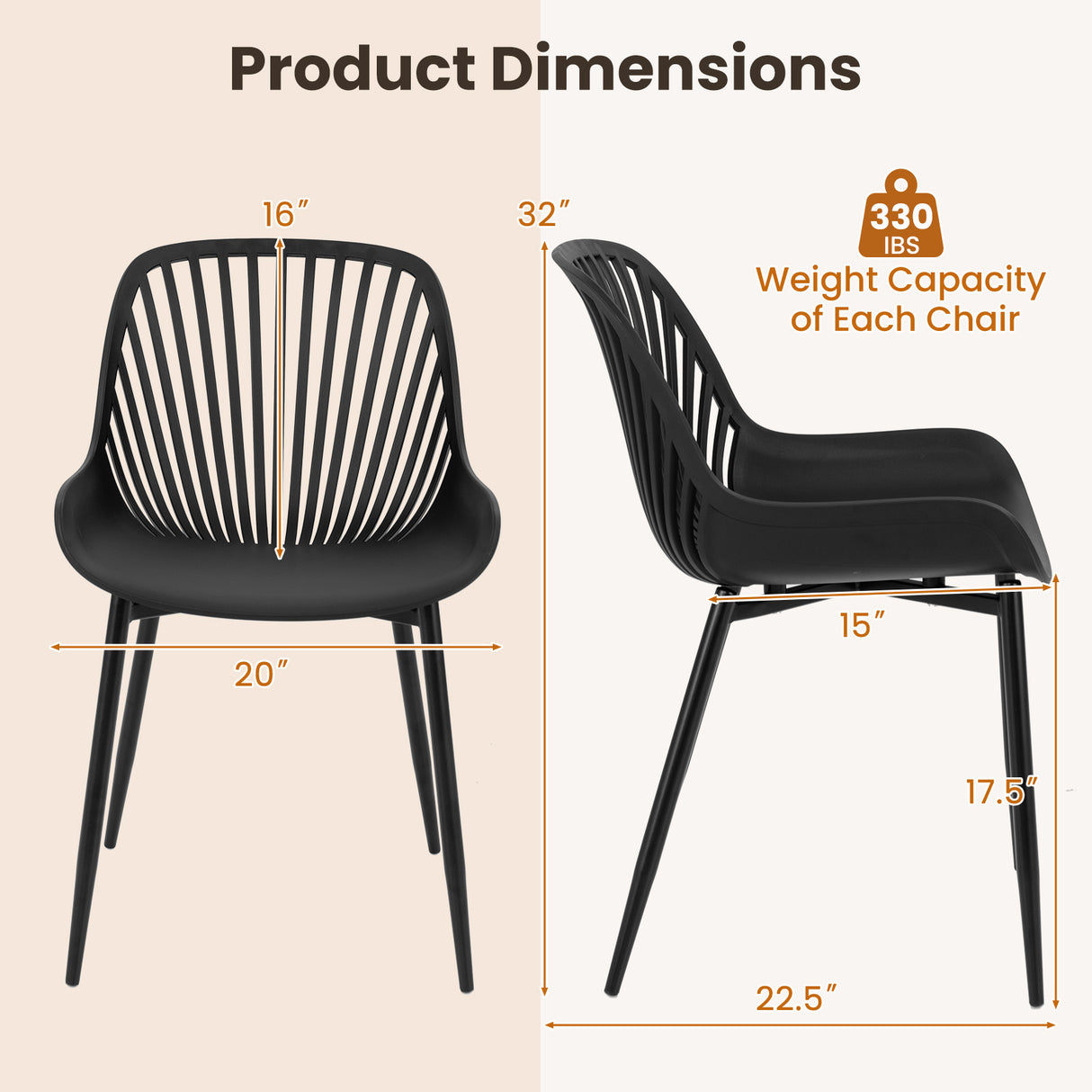 Modern Kitchen Chairs with Metal Legs Cutout Backrest Curved Seat for Dining Room Home Office-Black