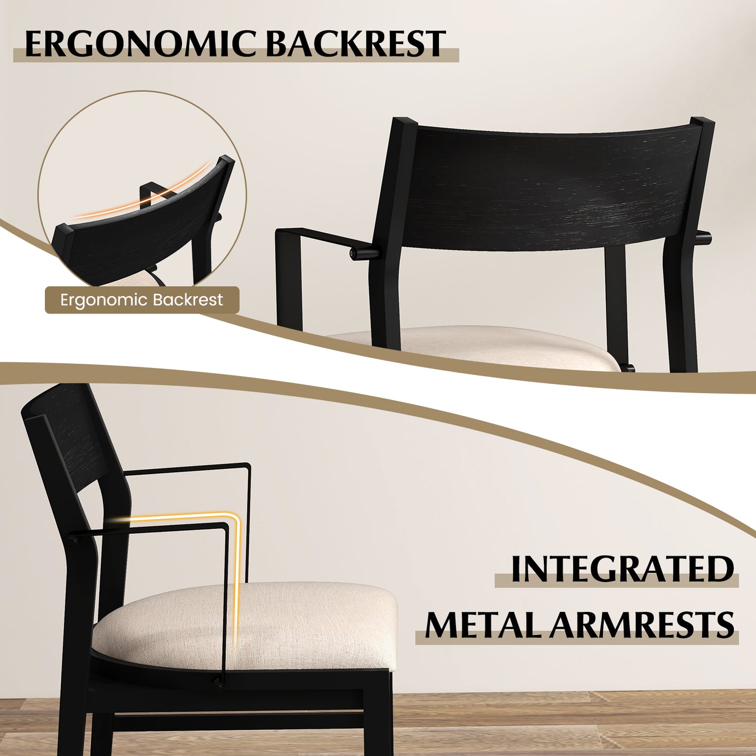 Dining Chair with Contoured Backrest and Padded Seat Set of 2-Beige