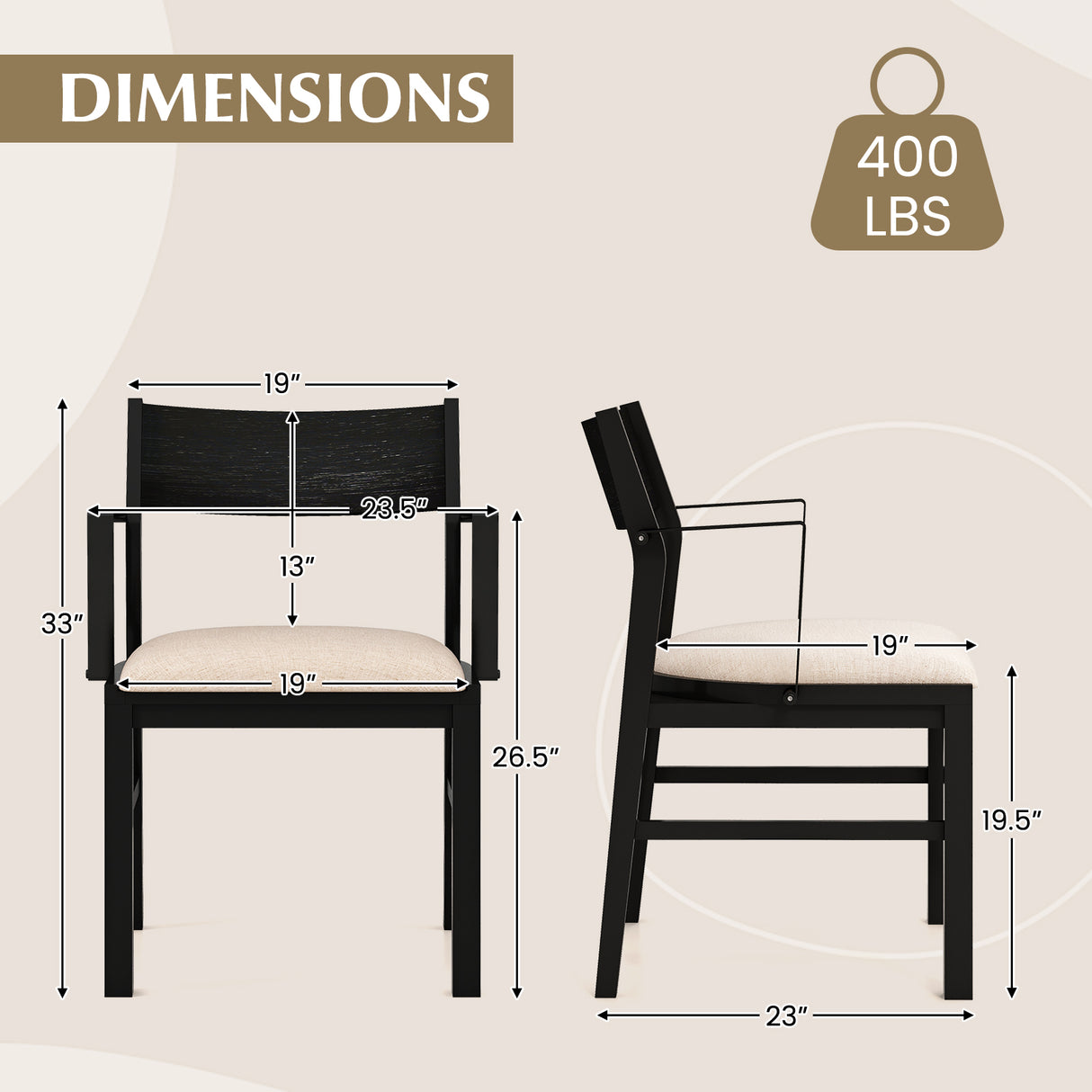 Dining Chair with Contoured Backrest and Padded Seat Set of 2-Beige