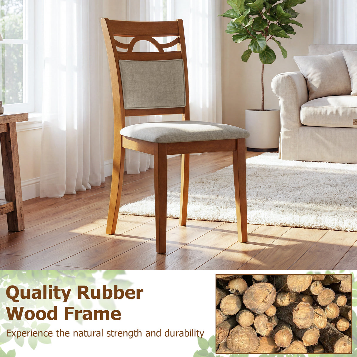 Dining Chairs Set of 2 Dining Room Chairs with Rubber Wood Frame-Brown