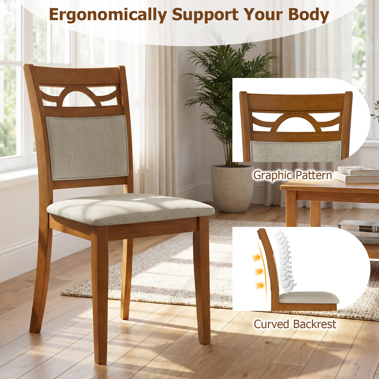 Dining Chairs Set of 2 Dining Room Chairs with Rubber Wood Frame-Brown