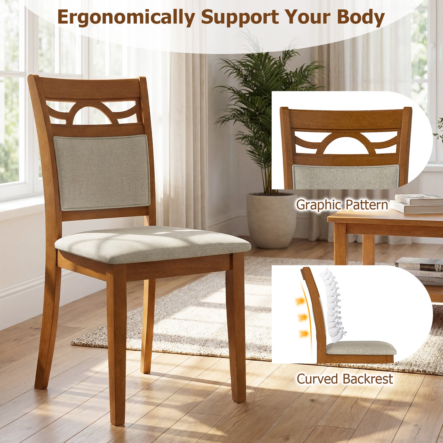 Dining Chairs Set of 2 Dining Room Chairs with Rubber Wood Frame-Brown