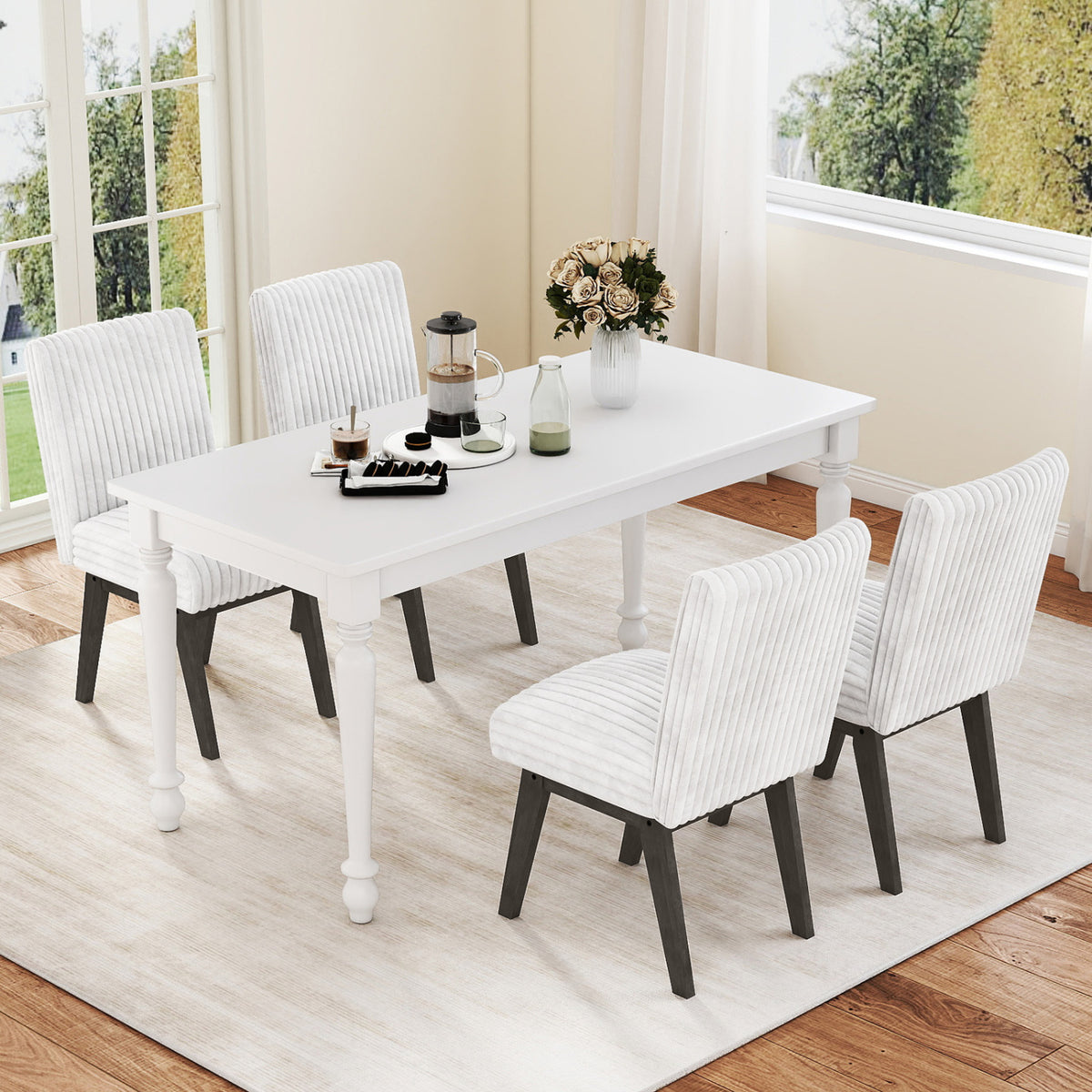 Dining Chairs Set of 4 Fabric Upholstered Kitchen Chairs with Padded Seat and Rubber Wood Legs-White+Gray