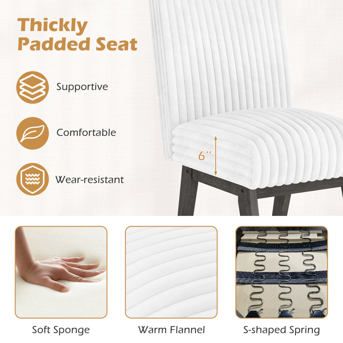 Dining Chairs Set of 4 Fabric Upholstered Kitchen Chairs with Padded Seat and Rubber Wood Legs-White+Gray