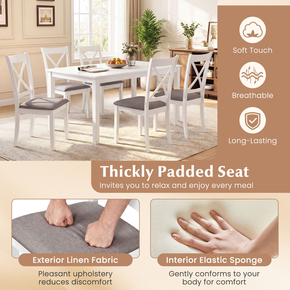 Dining Chairs Set of 4 Rubber Wood Dining Room Chairs with Comfortable Backrest and Padded Seat-White