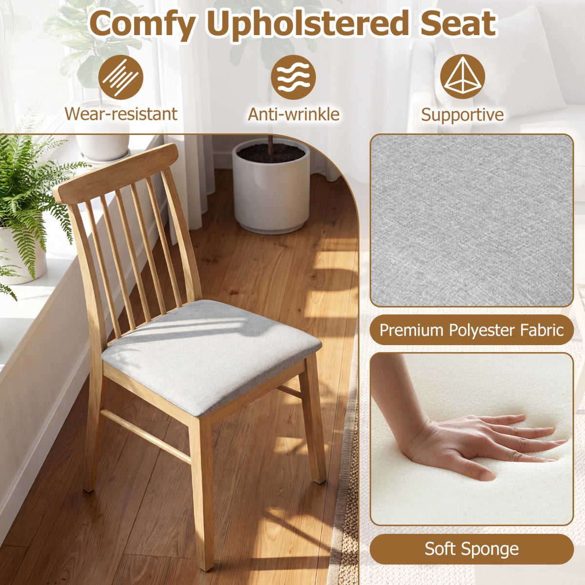 Dining Chairs Set of 4 Fabric Upholstered Kitchen Armless Chairs with Rubber Wood Frame-Natural
