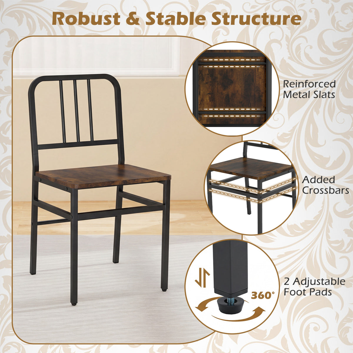 Dining Chairs Set of 4 with Slatted Backrest & Metal Frame and Wooden Seat