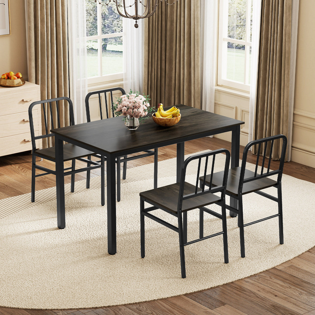 Dining Chairs Set of 4 with Slatted Backrest & Metal Frame and Wooden Seat