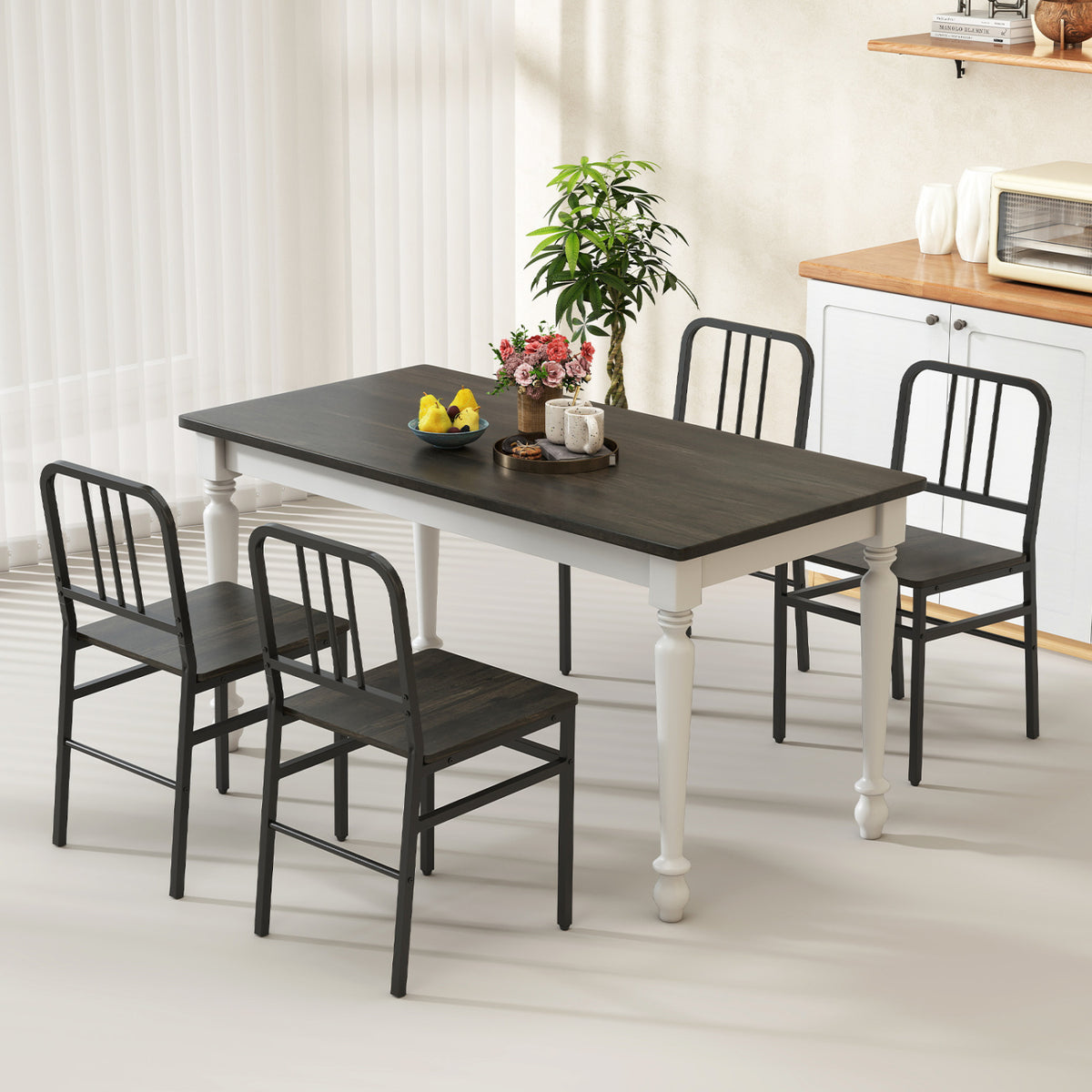 Dining Chairs Set of 4 with Slatted Backrest & Metal Frame and Wooden Seat