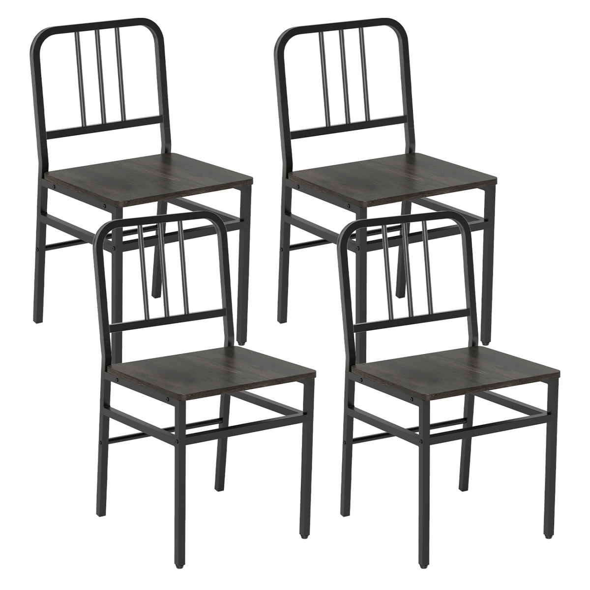 Dining Chairs Set of 4 with Slatted Backrest & Metal Frame and Wooden Seat