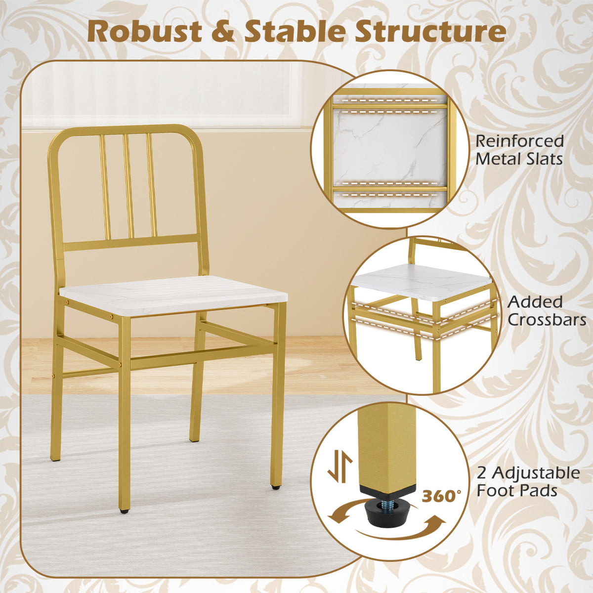 Dining Chairs Set of 4 with Slatted Backrest & Metal Frame and Wooden Seat