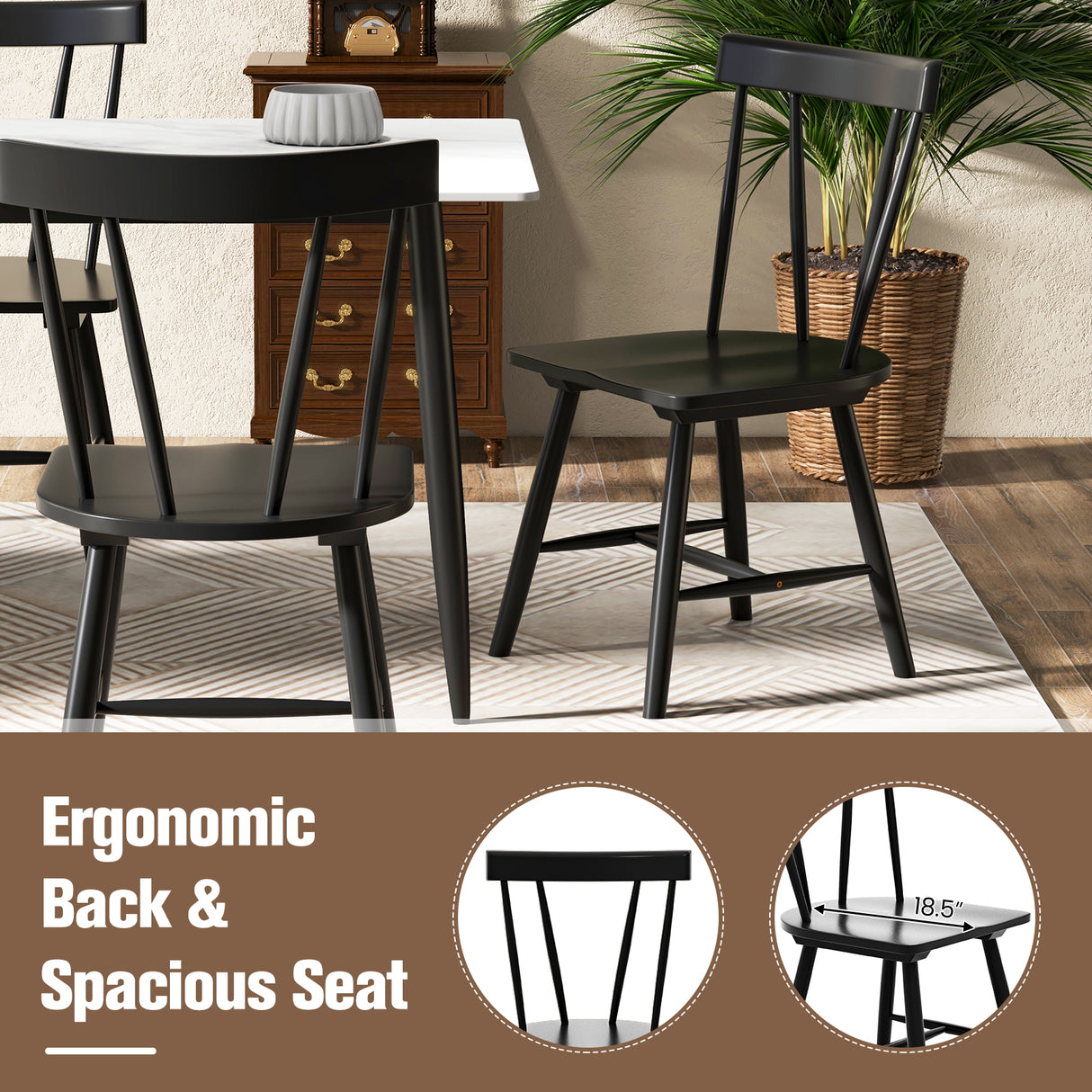 Windsor Style Armless Chairs with Solid Rubber Wood Frame