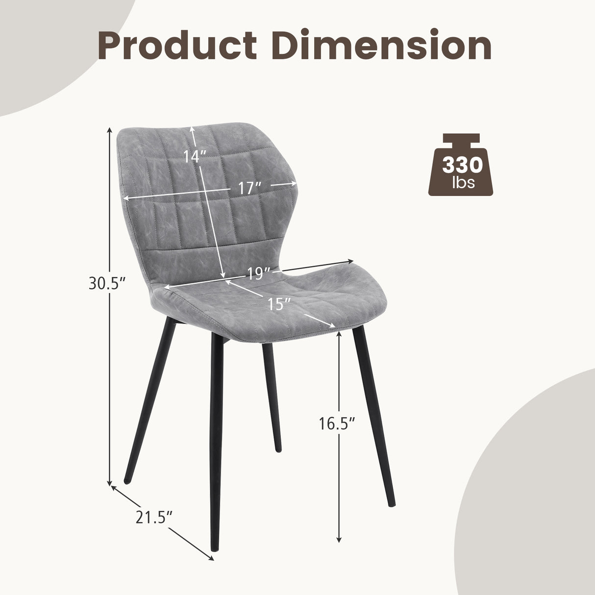 Dining Chairs Set of 2 with Padded Back Metal Legs and Adjustable Foot Pads-Gray