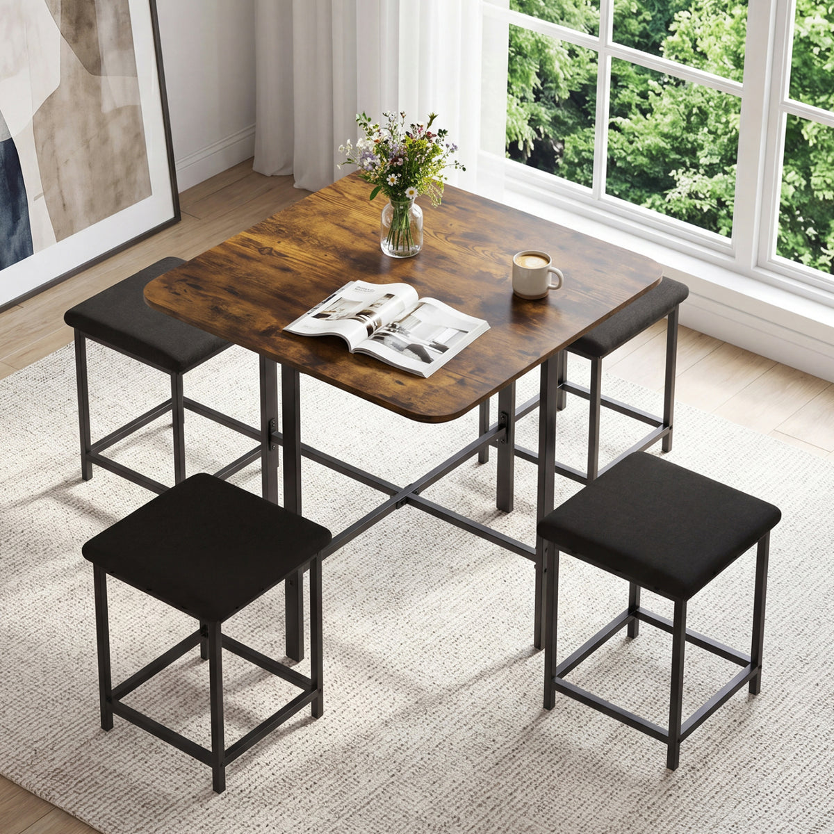 Dining Table Set with 4 Upholstered Stools and Metal Frame