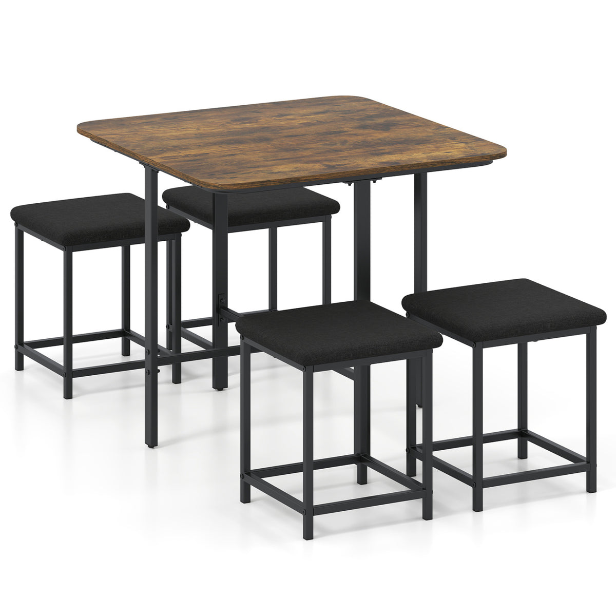 Dining Table Set with 4 Upholstered Stools and Metal Frame