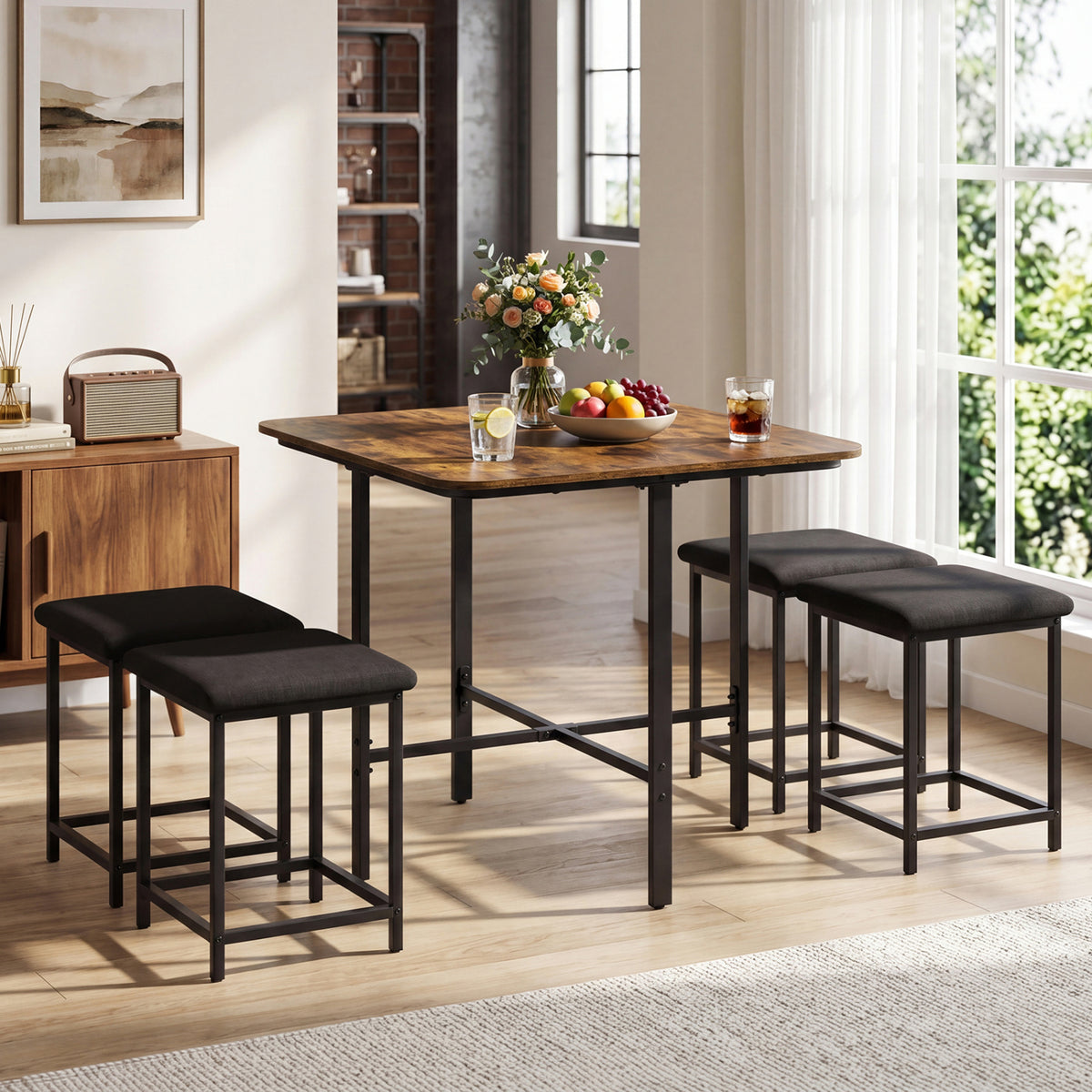 Dining Table Set with 4 Upholstered Stools and Metal Frame