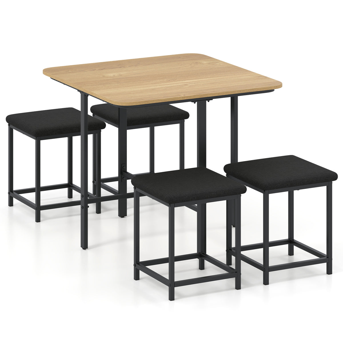 Dining Table Set with 4 Upholstered Stools and Metal Frame