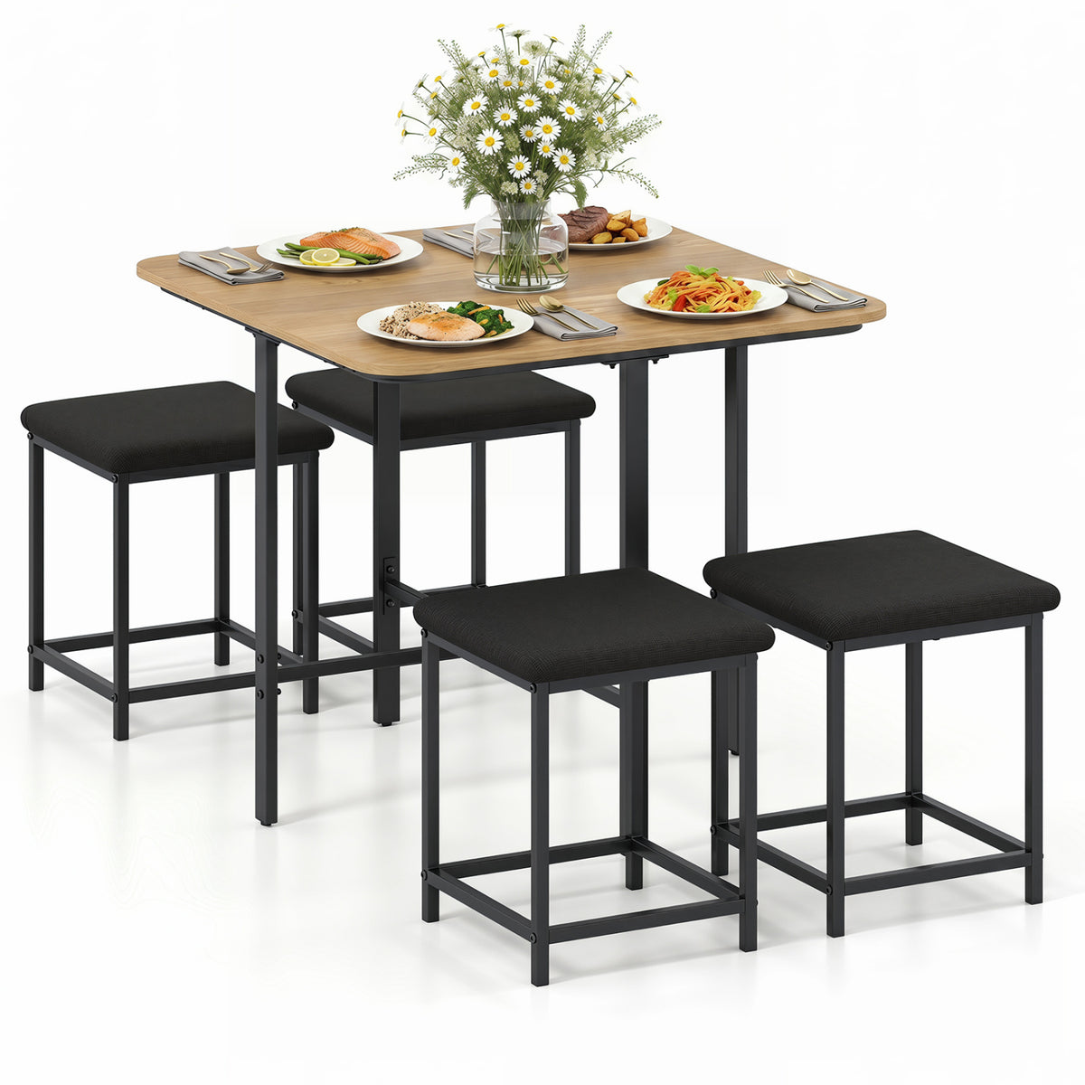 Dining Table Set with 4 Upholstered Stools and Metal Frame
