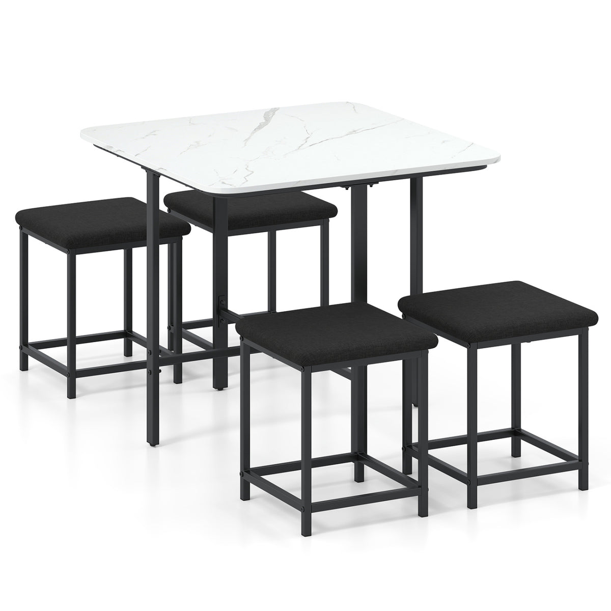 Dining Table Set with 4 Upholstered Stools and Metal Frame
