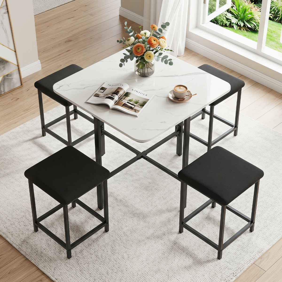 Dining Table Set with 4 Upholstered Stools and Metal Frame