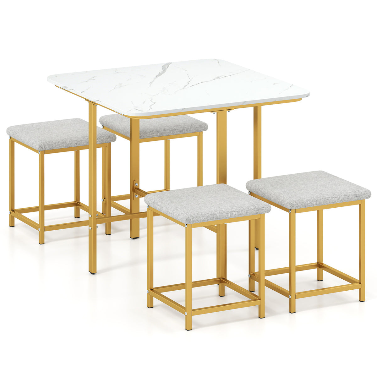 Dining Table Set with 4 Upholstered Stools and Metal Frame