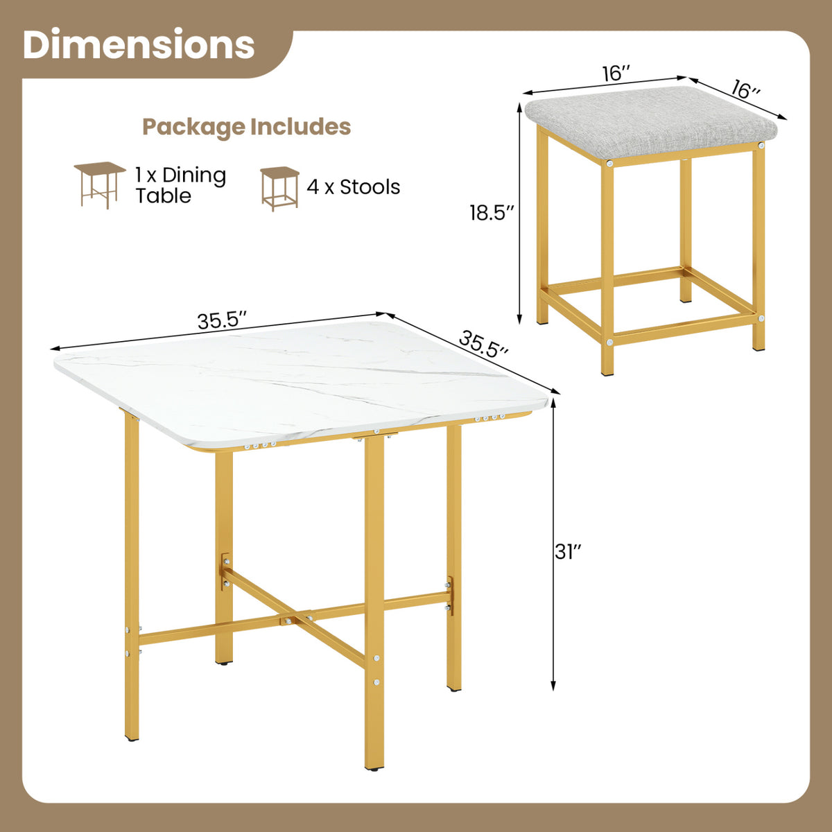 Dining Table Set with 4 Upholstered Stools and Metal Frame