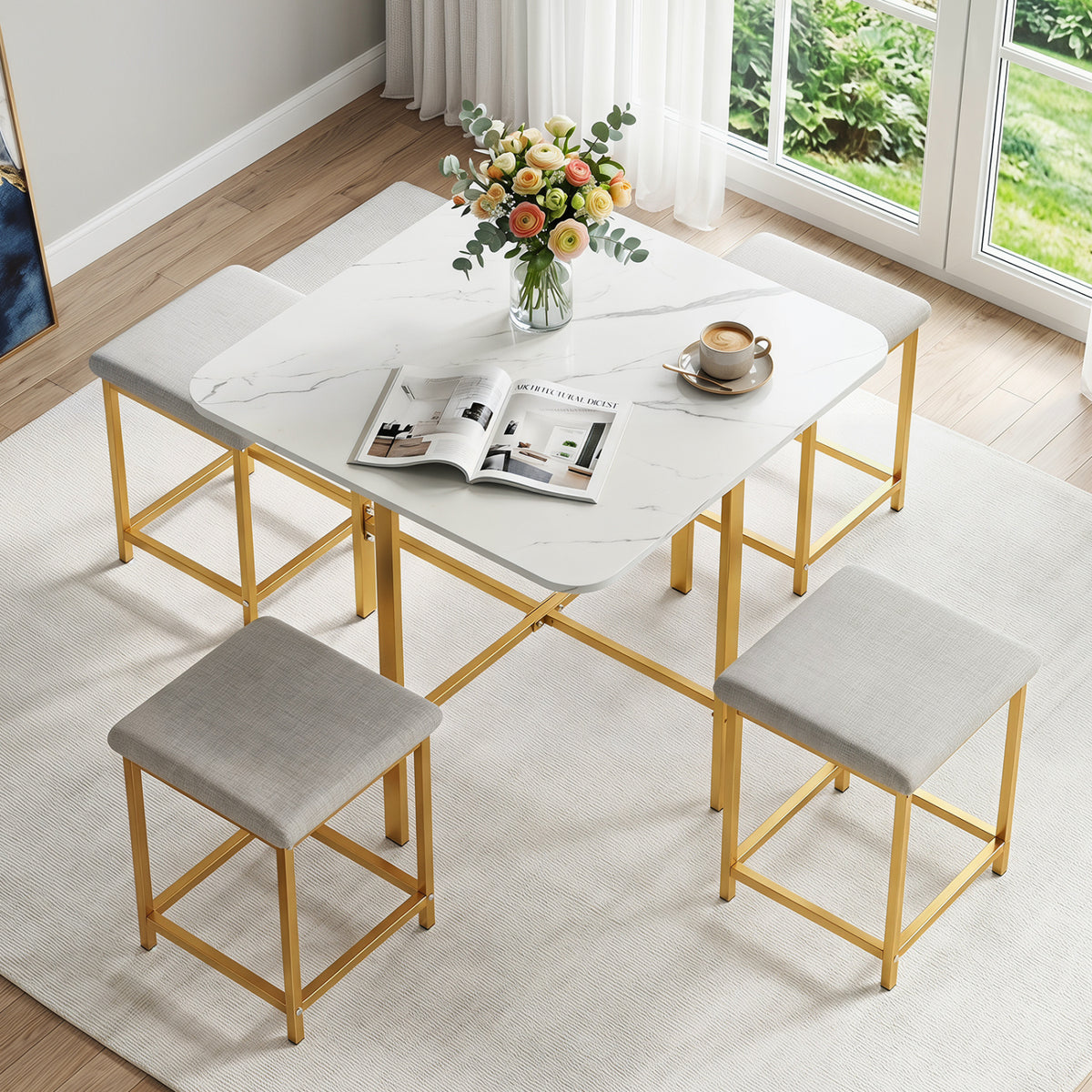 Dining Table Set with 4 Upholstered Stools and Metal Frame