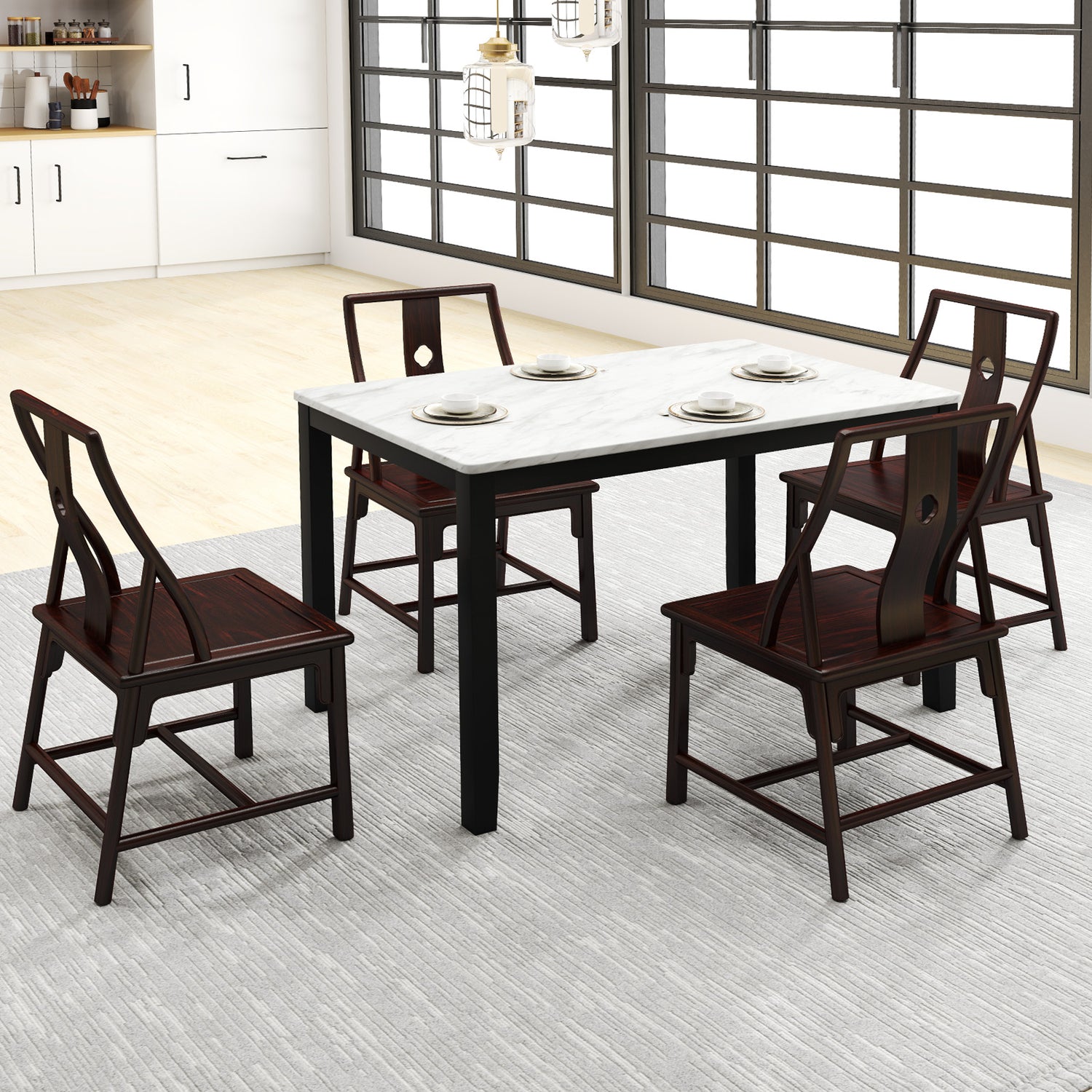 45 Inch Rectangular Mid Century Dining Table with Faux Marble Tabletop for 4 People-Black & White