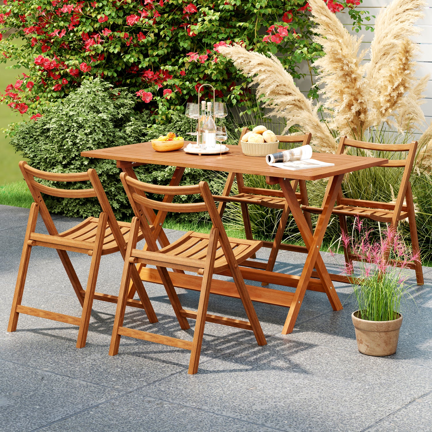 54.5 Inch x 27.5 Inch Patio Dining Table with Teak Painting and Umbrella Hole
