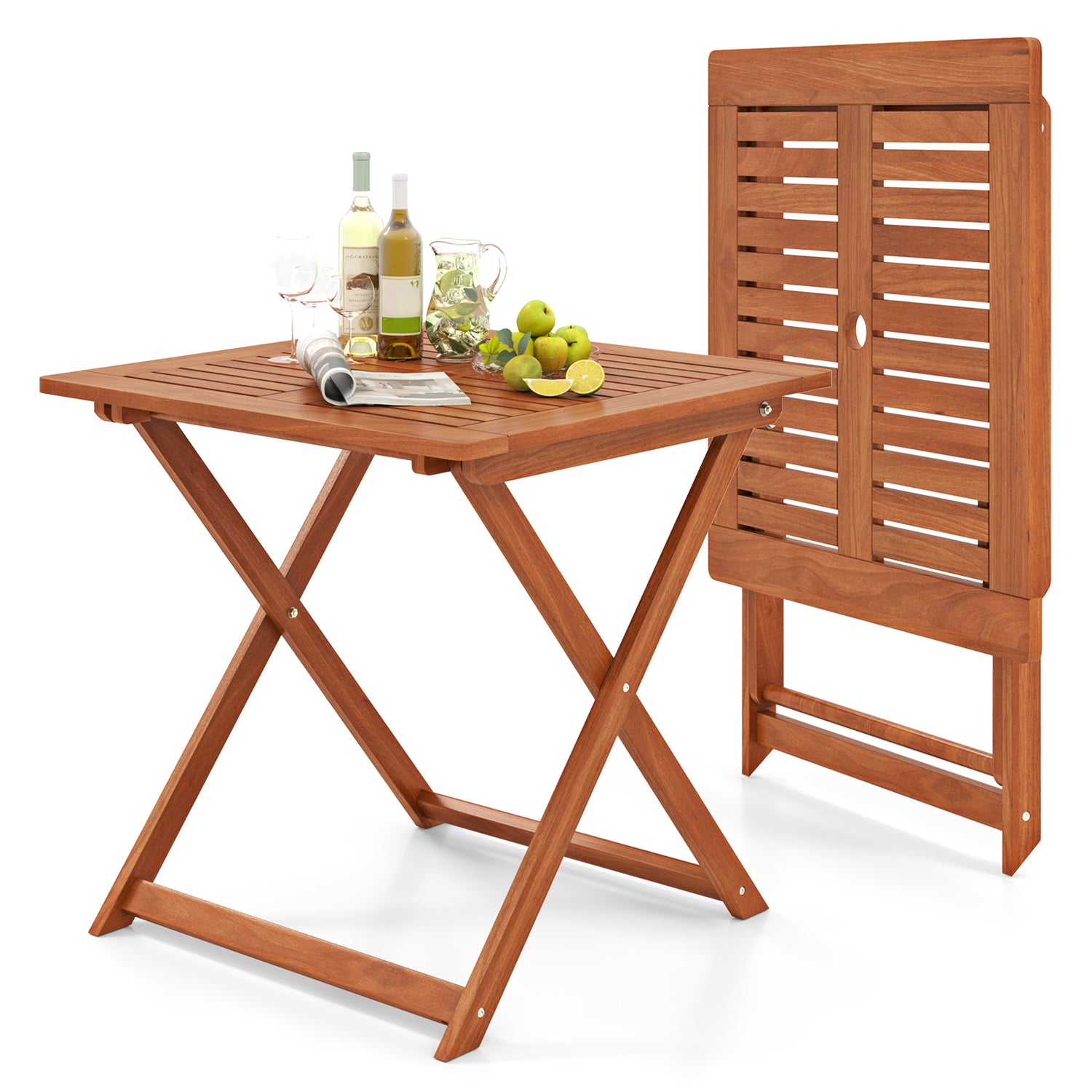29.5 Inch x 29.5 Inch Patio Dining Table with Teak Painting and Umbrella Hole