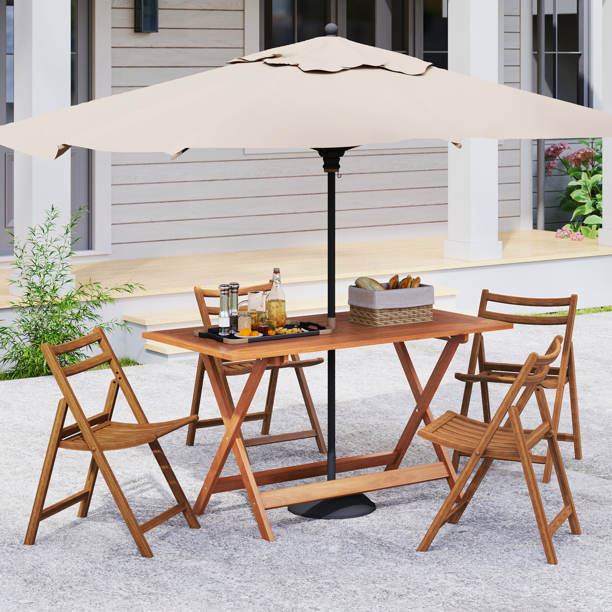 54.5 Inch x 27.5 Inch Patio Dining Table with Teak Painting and Umbrella Hole