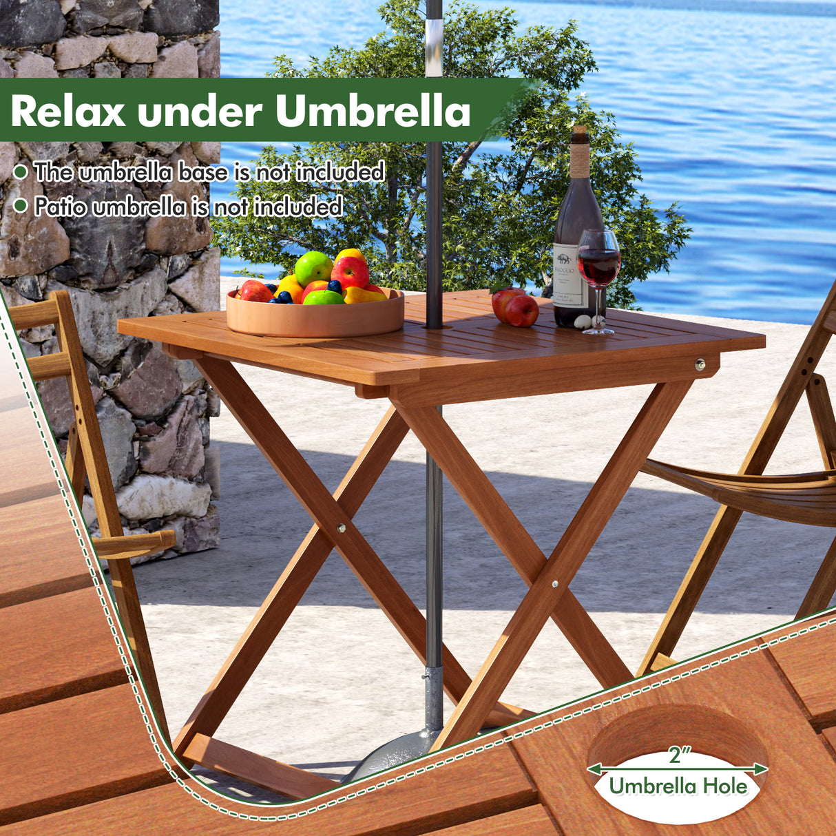 29.5 Inch x 29.5 Inch Patio Dining Table with Teak Painting and Umbrella Hole