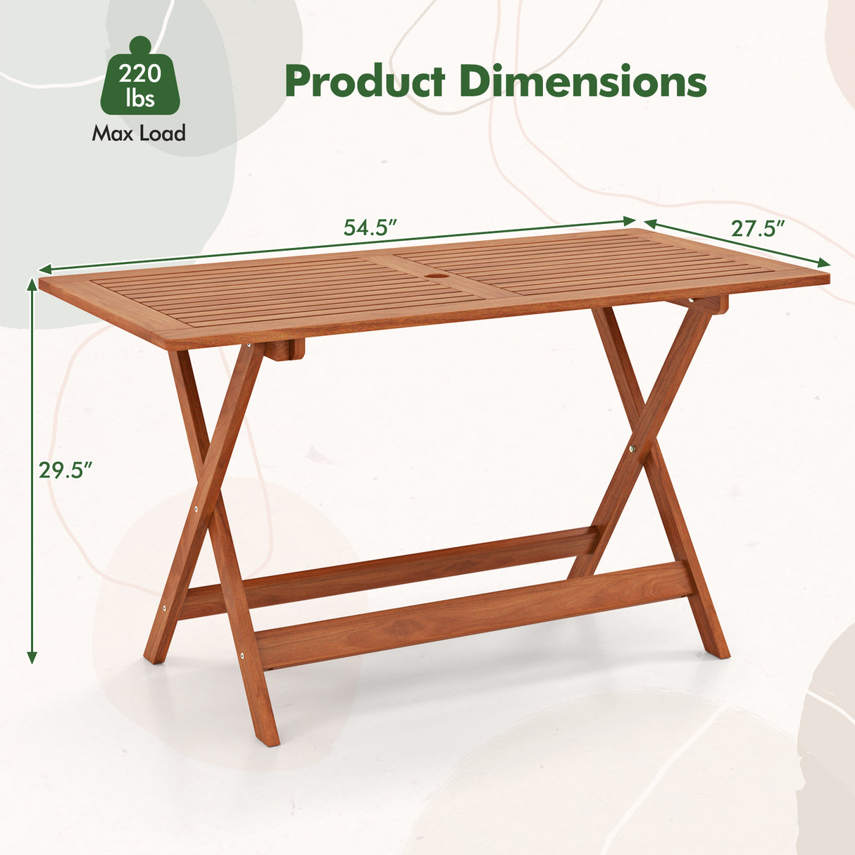 54.5 Inch x 27.5 Inch Patio Dining Table with Teak Painting and Umbrella Hole