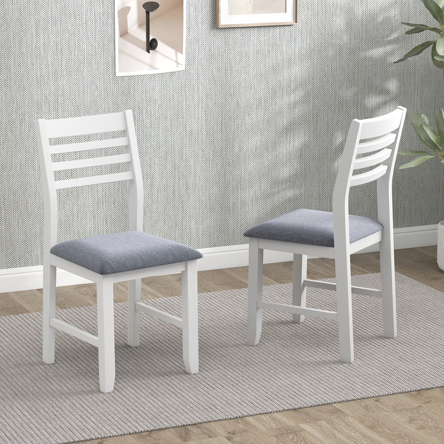 Wooden Dining Chair Set of 2 with Rubber Wood Frame and Padded Cushion-White