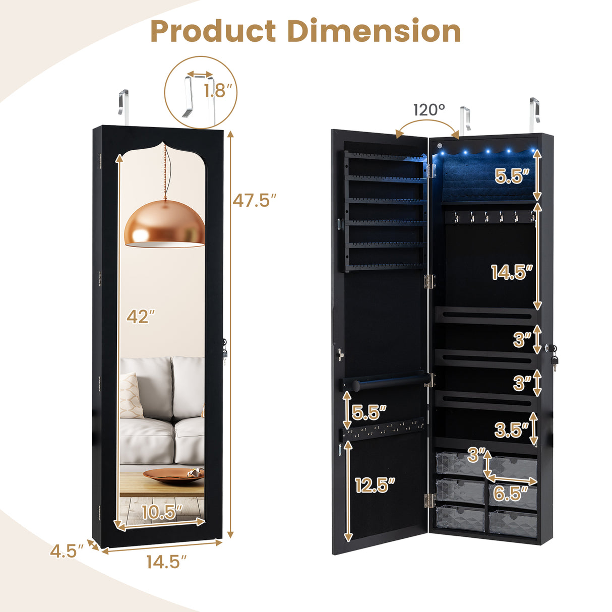 5 LEDs Jewelry Armoire Wall Mounted / Door Hanging Mirror