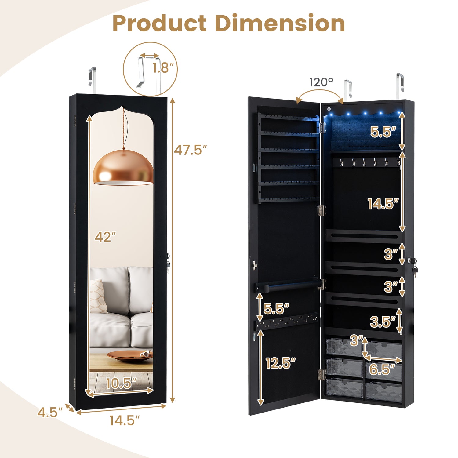 5 LEDs Jewelry Armoire Wall Mounted / Door Hanging Mirror
